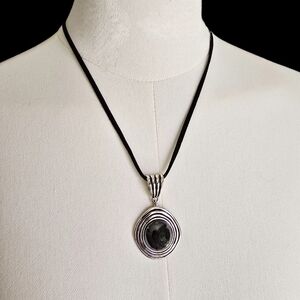 Premier Designs Black Leather Necklace with Silver Hematite Concentric Pendant